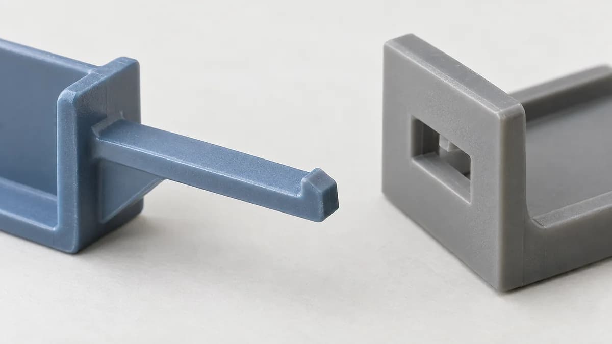 Deux éléments en plastique séparés montrant une languette à crochet et son ouverture d’accrochage.