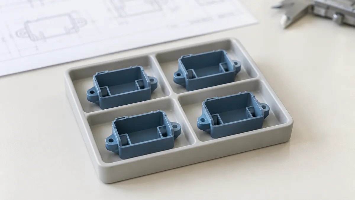 Quatre petites pièces plastiques bleu ardoise disposées séparément sur un plateau de contrôle.