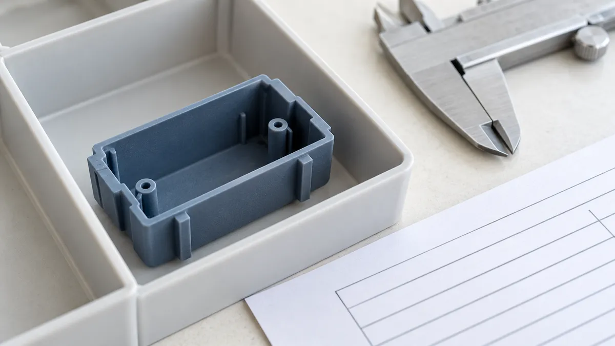 Petite pièce plastique dans une alvéole de rangement, près d’une fiche de contrôle et d’un instrument posé.