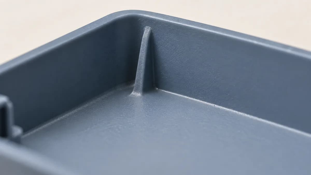 Face intérieure d’un capot plastique avec une paroi, un angle et une nervure visibles.