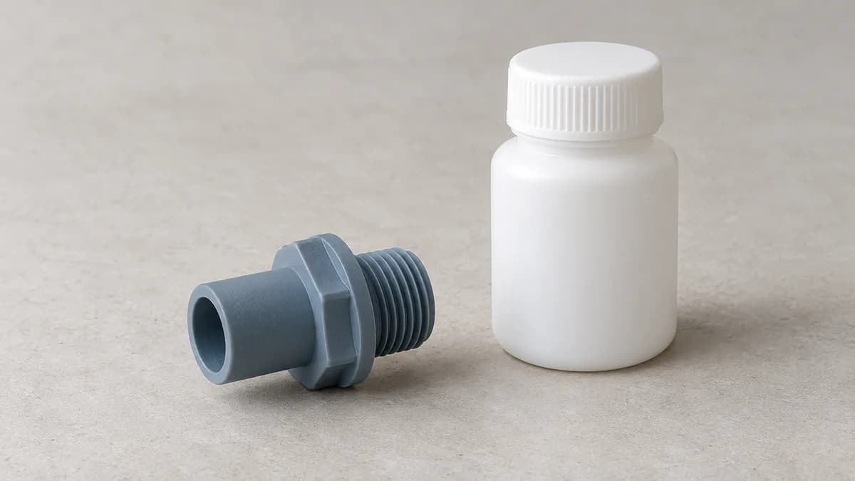 Petit raccord en plastique bleu-gris posé près d’un flacon blanc fermé sur une surface claire.