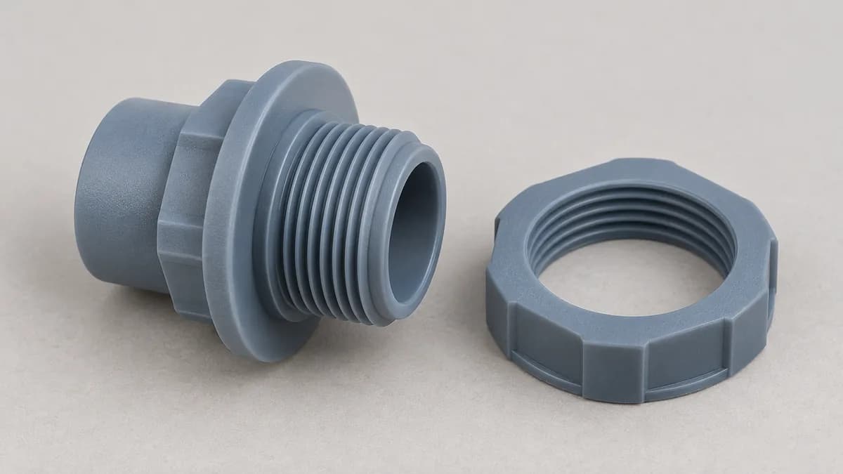 Vue rapprochée d’un raccord plastique bleu-gris fileté et d’une bague de fixation séparée, posés sur une surface claire.