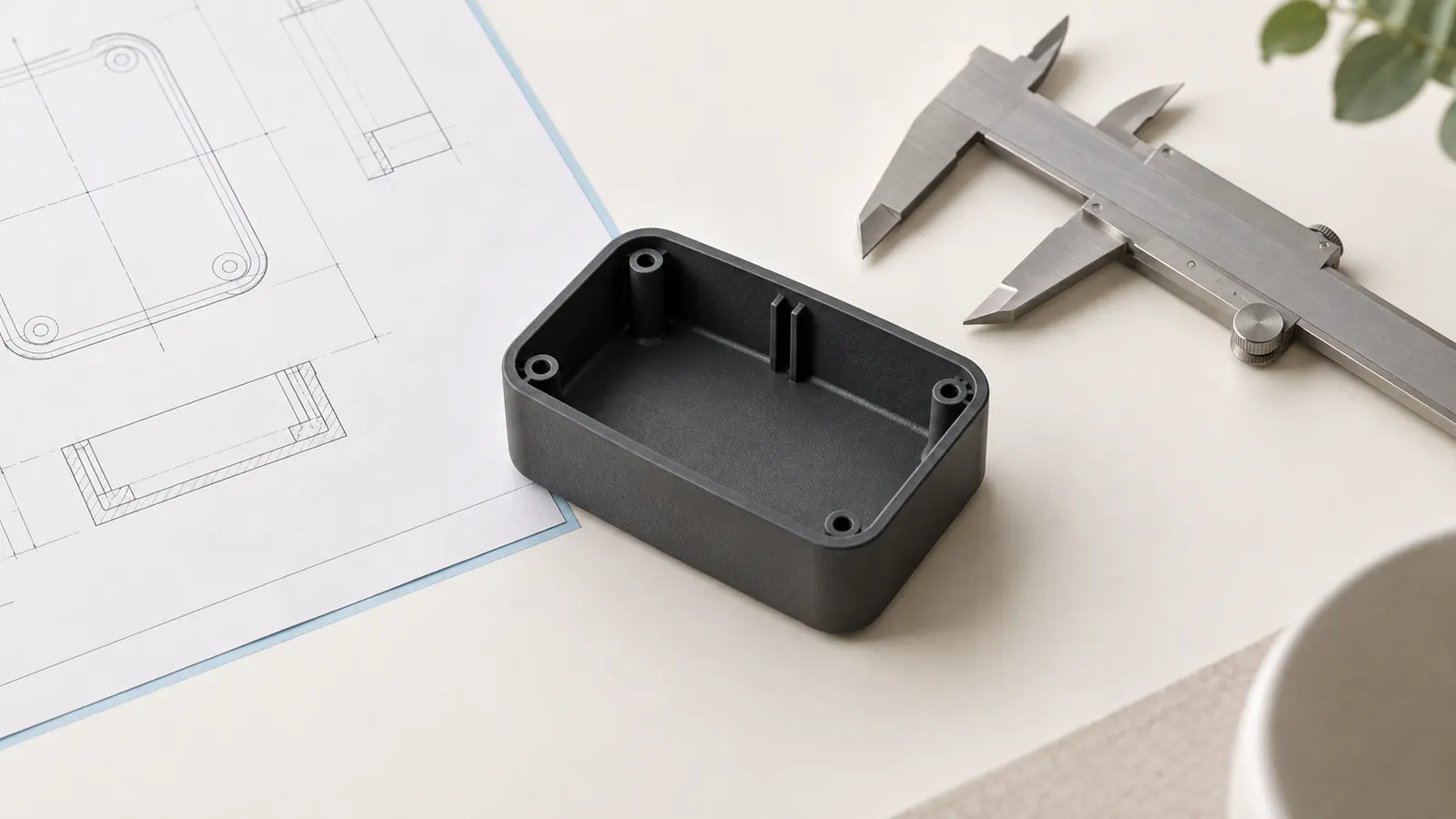 Petit boîtier plastique générique, plan abstrait et gabarit de mesure posés sur une surface claire.