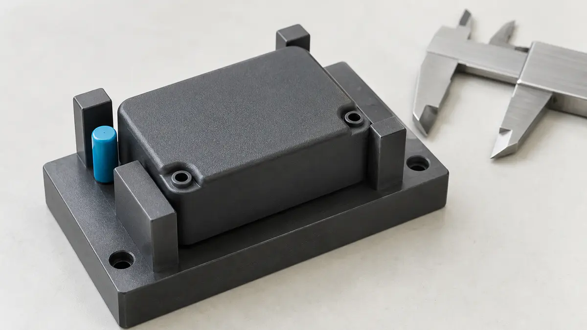 Gros plan d’une petite pièce plastique générique positionnée dans un gabarit de contrôle, avec un instrument de mesure non lisible à côté.