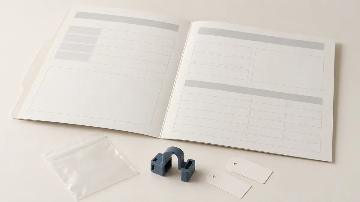 Dossier de contrôle, étiquettes de lots et petite pièce plastique posés sur une table claire.