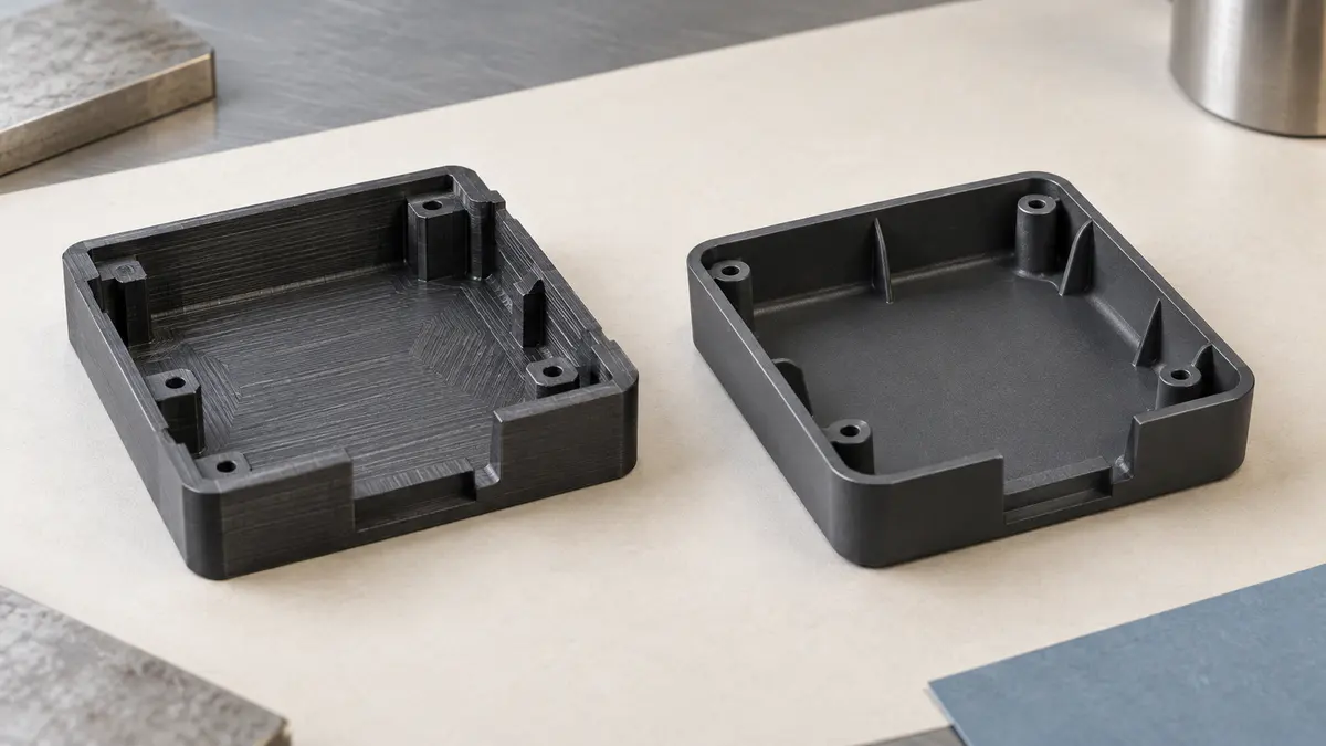 Deux versions illustratives d'un petit boîtier plastique technique, l'une usinée et l'autre conçue pour l'injection.