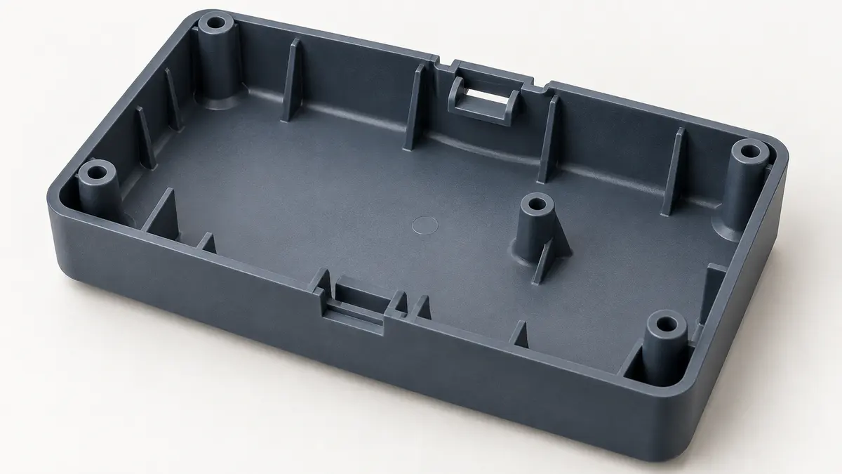 Vue rapprochée illustrative de l'intérieur d'un petit boîtier plastique avec nervures, parois et zone de clipsage.