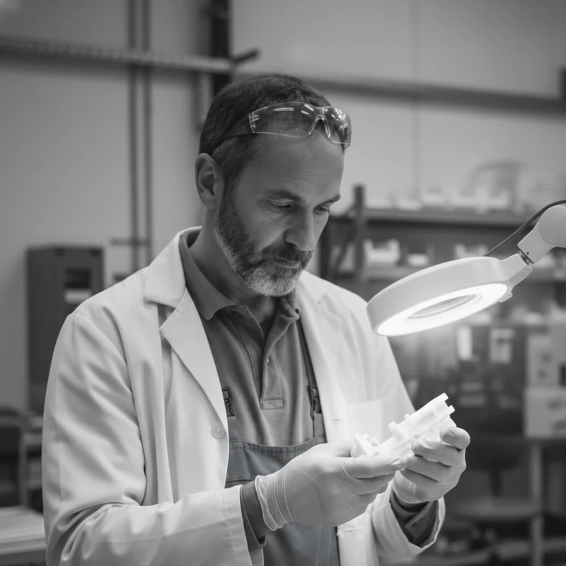 Laurent Cavel, associé de CF Injection, contrôle une pièce injectée sous loupe d’atelier
